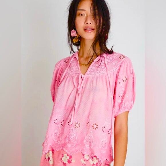 LoveShackFancy Tops - Love Shack Fancy Pink Boho Swiss Dot Eyelet Cotton Bronte XS